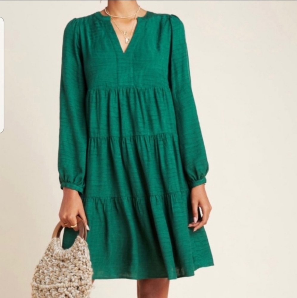 Maeve Anthropologie long sleeve green swing  Dress